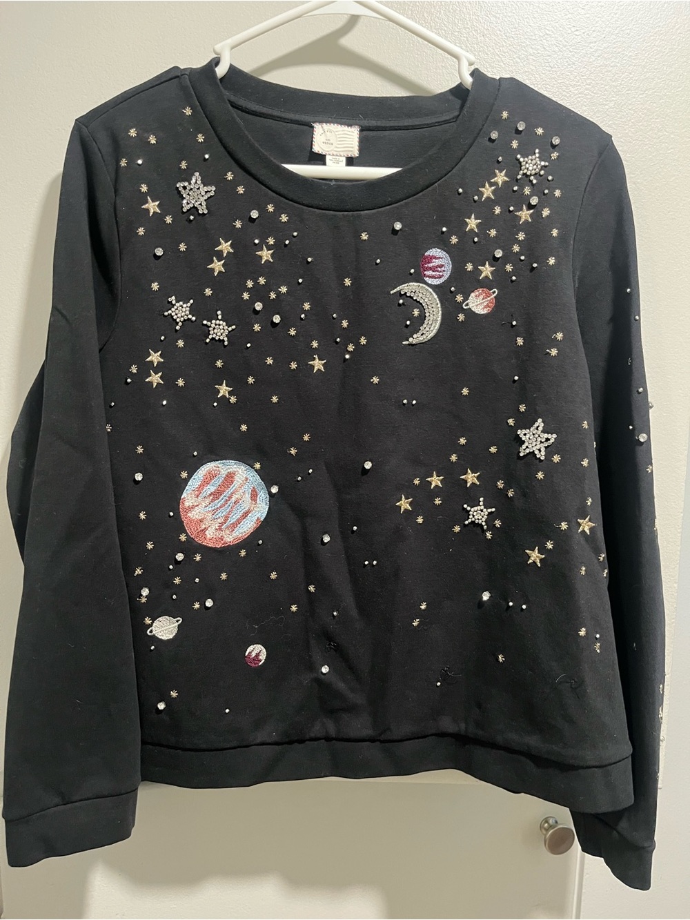 Anthropologie Black Crewneck Sweatshirt with Galaxy Star Embellishments